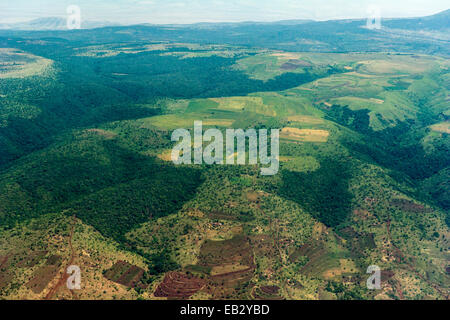 Terraced farm fields cover the slopes of mountains cleared of rainforest. Stock Photo