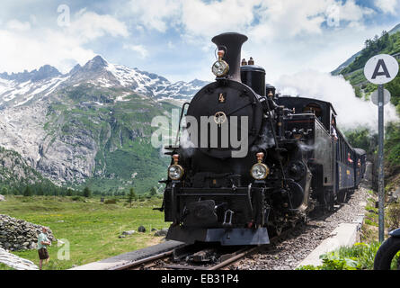 Furka steam railway at the Furka Pass, Gletsch, Canton of Valais, Switzerland Stock Photo