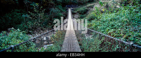 The metal planks of a suspension bridge cross between mountain valley walls in the Himalaya. Stock Photo