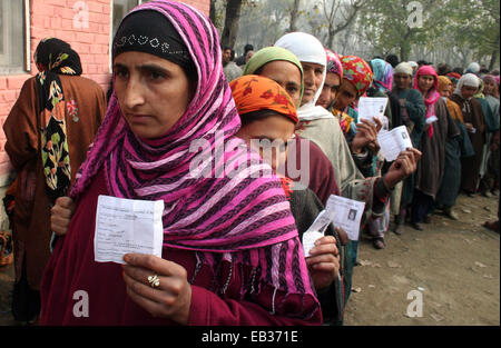 Srinagar, Kashmir. 25th November, 2014. Kashmiris stand in queue to cast their votes outside a polling station during the first phase of voting to the Jammu and Kashmir state assembly elections at  Rakh shilvat, outskirts of Srinagar, Indian controlled Kashmir. Thousands lined up to cast their votes amid a boycott call by Muslim separatist groups who reject India's sovereignty over the disputed Himalayan region. Credit:  sofi suhail/Alamy Live News Stock Photo