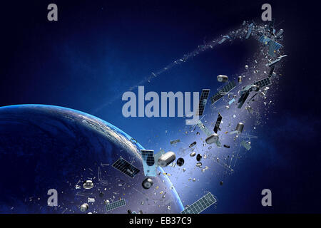 Space junk orbiting around earth - Conceptual of pollution around our planet (Texture map for 3d furnished by NASA -  http://vis Stock Photo
