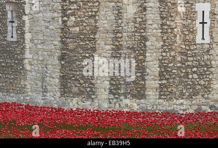 'Blood Swept Lands' installation of ceramic poppies Tower of London England Europe Stock Photo