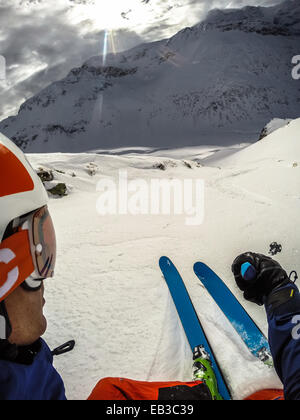 Man downhill powder skiing, Gastein, Salzburg, Austria Stock Photo