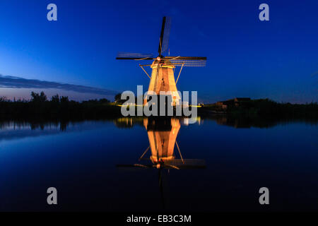 Kinderdijk windmill at night, Holland Stock Photo
