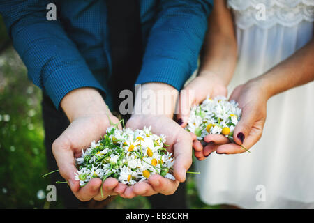 Man and woman holding handfuls of chamomile flowers Stock Photo