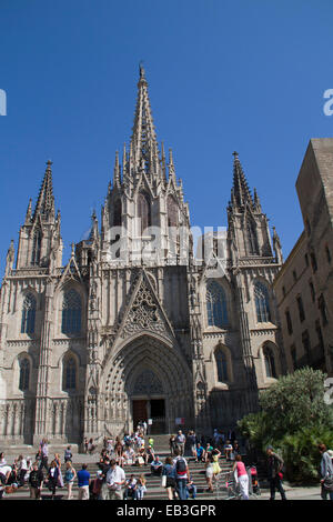 Exterior of the Cathedral Santa Eulalia also called Cathedral de la Seu in the Barri Gotic (Gothic Quarter) Barcelona,Spain Stock Photo