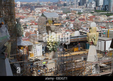 Begun in 1882,  and designed by Antonio Gaudi, construction continues on the Sagrada Familia (Sacred Family) as seen from a spir Stock Photo