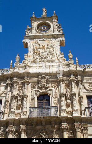 Section of the facade of the Hostal de San Marcos built in the 16th century for the Knights of Santiago and now a luxury parador Stock Photo