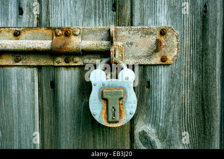 OLD PADLOCK MADE FROM METAL LOCKING AN OLD BOLT ON A WOODEN DOOR Stock Photo