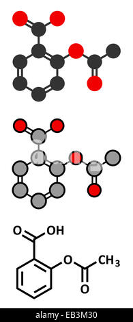 Acetylsalicylic acid (aspirin) pain relief drug molecule. Conventional skeletal formula and stylized representations. Stock Photo