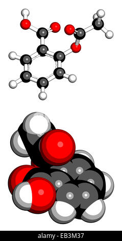 Acetylsalicylic acid (aspirin) pain relief drug molecule. Two representations: 3D ball-and-stick model, 3D space-filling model Stock Photo