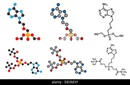 Adefovir dipivoxil hepatitis B and herpes simplex virus (HSV) drug molecule. Conventional skeletal formula and stylized represen Stock Photo