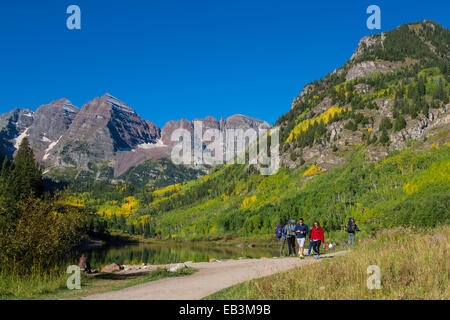 Maroon Bells outside Aspen in the  Maroon Bells Snowmass Wilderness of White River National Forest, Rocky Mountains , Colorado Stock Photo