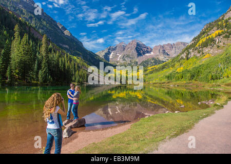 Maroon Bells outside Aspen in the  Maroon Bells Snowmass Wilderness of White River National Forest, Rocky Mountains , Colorado Stock Photo