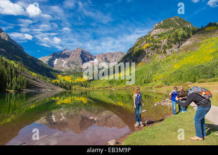 Maroon Bells outside Aspen in the  Maroon Bells Snowmass Wilderness of White River National Forest, Rocky Mountains , Colorado Stock Photo