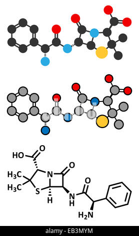 Ampicillin beta-lactam antibiotic drug molecule. Conventional skeletal formula and stylized representations. Stock Photo