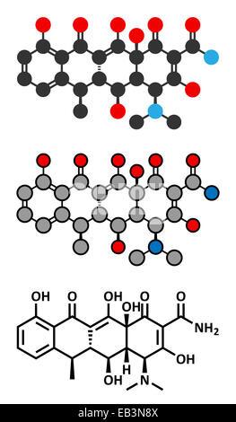 Doxycycline antibiotic drug (tetracycline class) molecule.  Conventional skeletal formula and stylized representations. Stock Photo