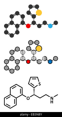 Duloxetine antidepressant drug (SNRI class) molecule. Also used in fibromyalgia treatment, etc. Conventional skeletal formula an Stock Photo