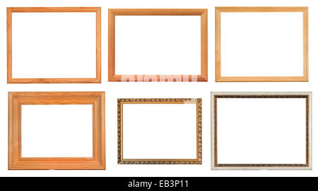 set of different wooden picture frames with cut out canvas isolated on white background Stock Photo