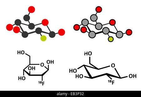 Fludeoxyglucose 18F (fluorodeoxyglucose 18F, FDG) cancer imaging diagnostic drug molecule. Contains radioactive isotope fluorine Stock Photo