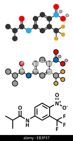 Flutamide prostate cancer drug (anti-androgen) molecule. Conventional skeletal formula and stylized representations. Stock Photo