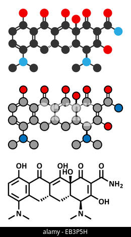 Minocycline antibiotic drug (tetracycline class) molecule. Conventional skeletal formula and stylized representations. Stock Photo