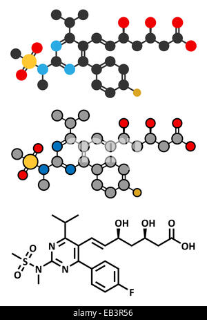 Rosuvastatin cholesterol lowering drug (statin class) molecule. Conventional skeletal formula and stylized representations. Stock Photo