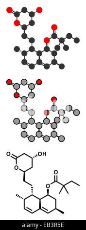 Simvastatin cholesterol lowering drug (statin class) molecule. Conventional skeletal formula and stylized representations. Stock Photo