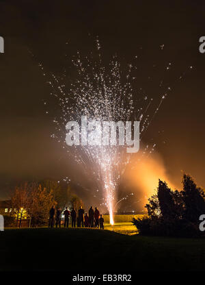 Firework party in garden, Humberside, UK Stock Photo