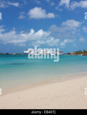 Cruise ships in port before a beach in Nassau, Bahamas on March 25, 2012. Stock Photo