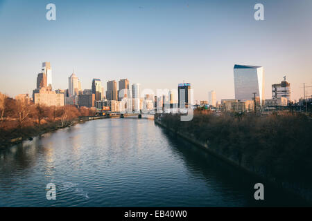 Evening light on the skyline and Schuylkill River in Philadelphia, Pennsylvania. Stock Photo