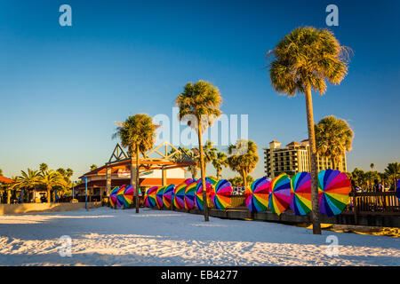 Palm trees and colorful beach umbrellas in Clearwater Beach, Florida. Stock Photo