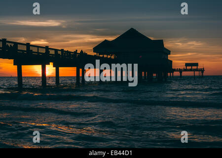 Fishing pier in the Gulf of Mexico at sunset,  Clearwater Beach, Florida. Stock Photo