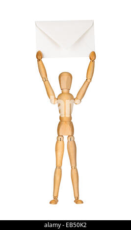 Wooden model dummy holding envelop Stock Photo