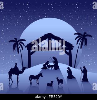 Nativity scene vector under starry sky Stock Vector