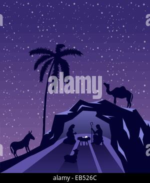 Nativity scene vector under starry sky Stock Vector