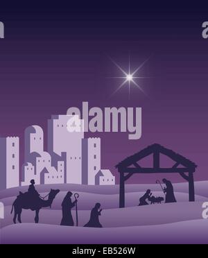 Nativity scene vector under starry sky Stock Vector