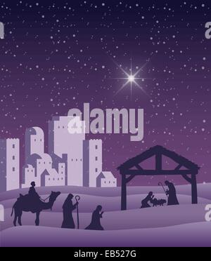 Nativity scene vector under starry sky Stock Vector