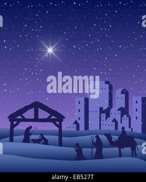 Nativity scene vector under starry sky Stock Vector