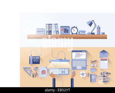 Overhead of messy desk in office Stock Vector