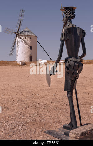 Monument of Don Quixote with a windmill in the Campo de Criptana, Ciudad Real, Castilla la Mancha, Spain Stock Photo