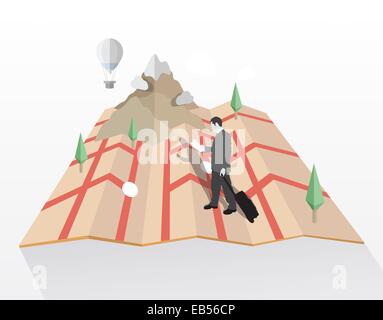 Businessman walking on map pulling suitcase Stock Vector