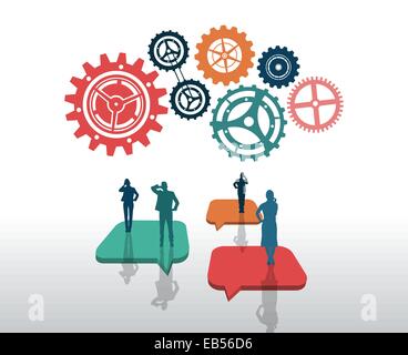 Business people standing on speech bubbles with large cogs and wheels Stock Vector