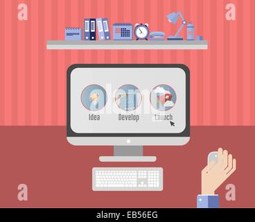 Entrepreneur working on business plan on computer Stock Vector