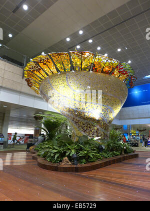 Singapore Changi airport interior arts sculpture Orchid flower Stock Photo