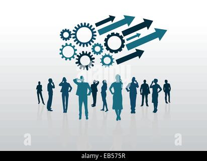 Business people with arrows and cogs and wheels Stock Vector
