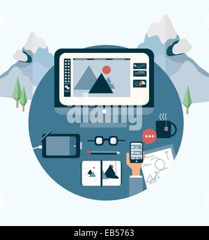 Designers desk on background of snowy mountains Stock Vector