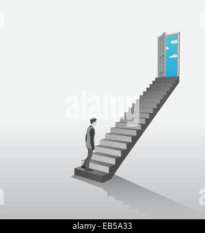 Businessman climbing stairs to open door showing sky Stock Vector
