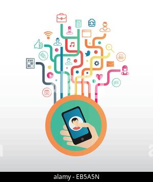 Hand holding smartphone against colourful app icons with lines Stock Vector