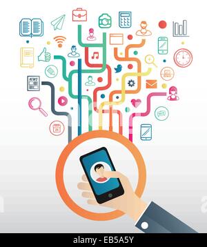 Hand holding smartphone against colourful app icons with lines Stock Vector
